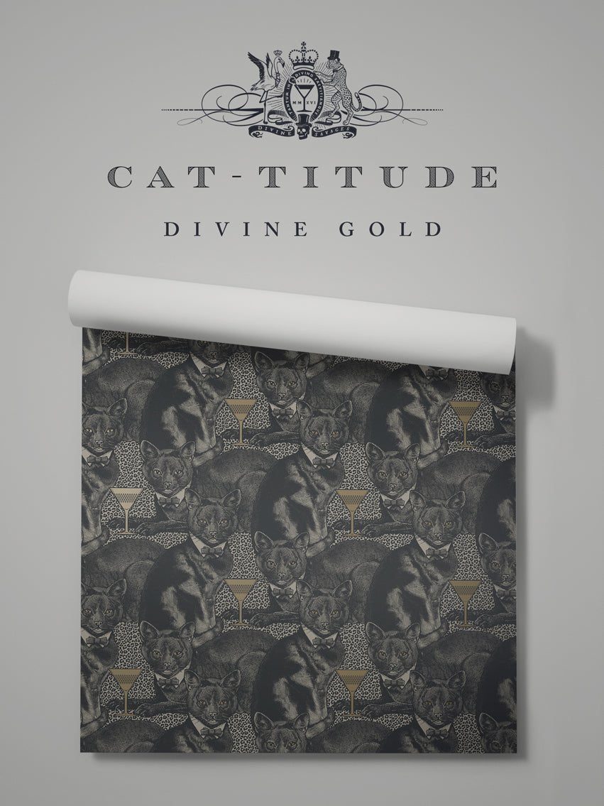 Cat-titude Wallpaper - Divine Gold - Divine Savages - DVS075-CAT-GOLD-WR - Premier Wallcovering