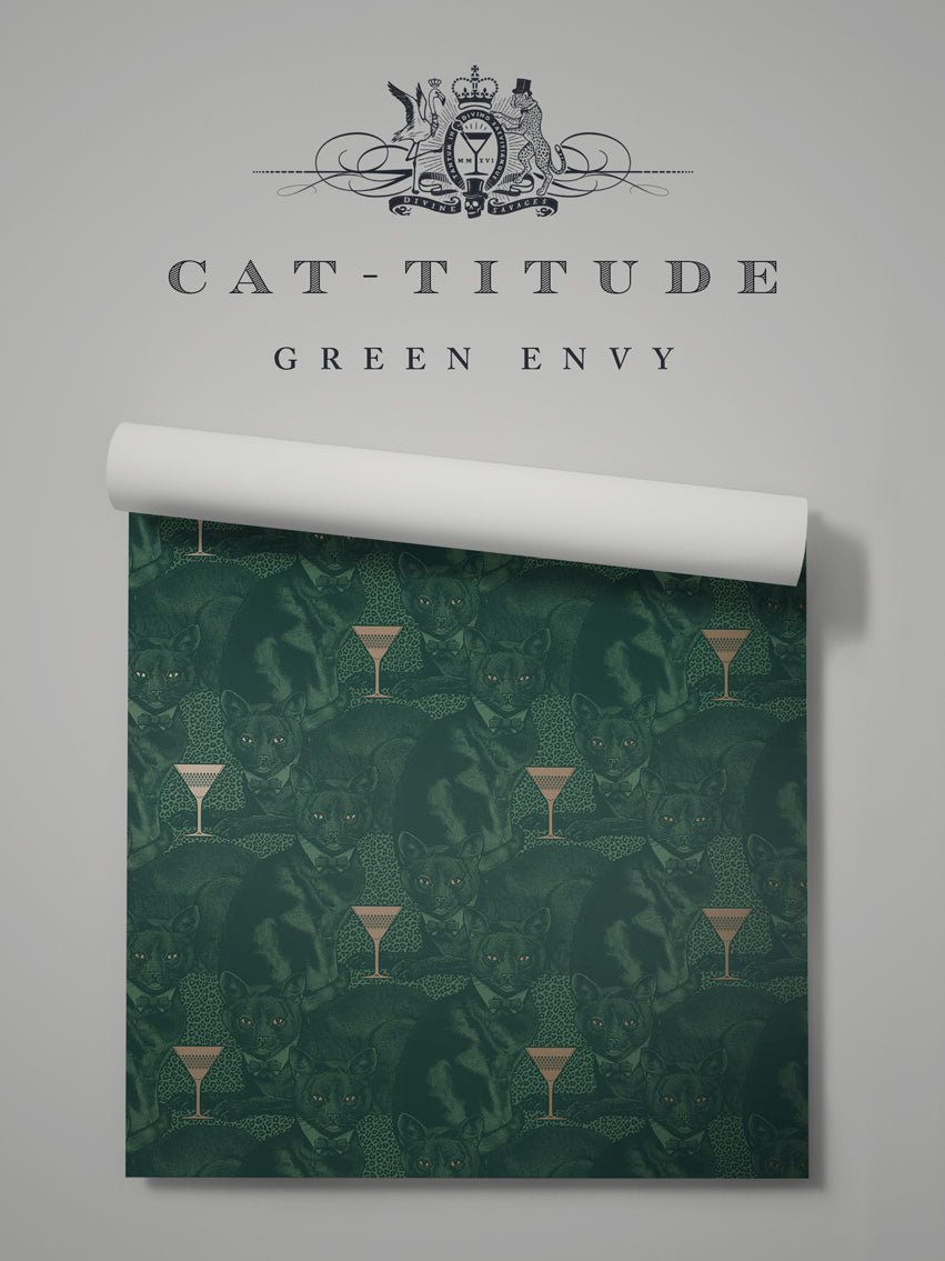 Cat-titude Wallpaper - Green Envy - Divine Savages - DVS077-CAT-GREEN-WR - Premier Wallcovering
