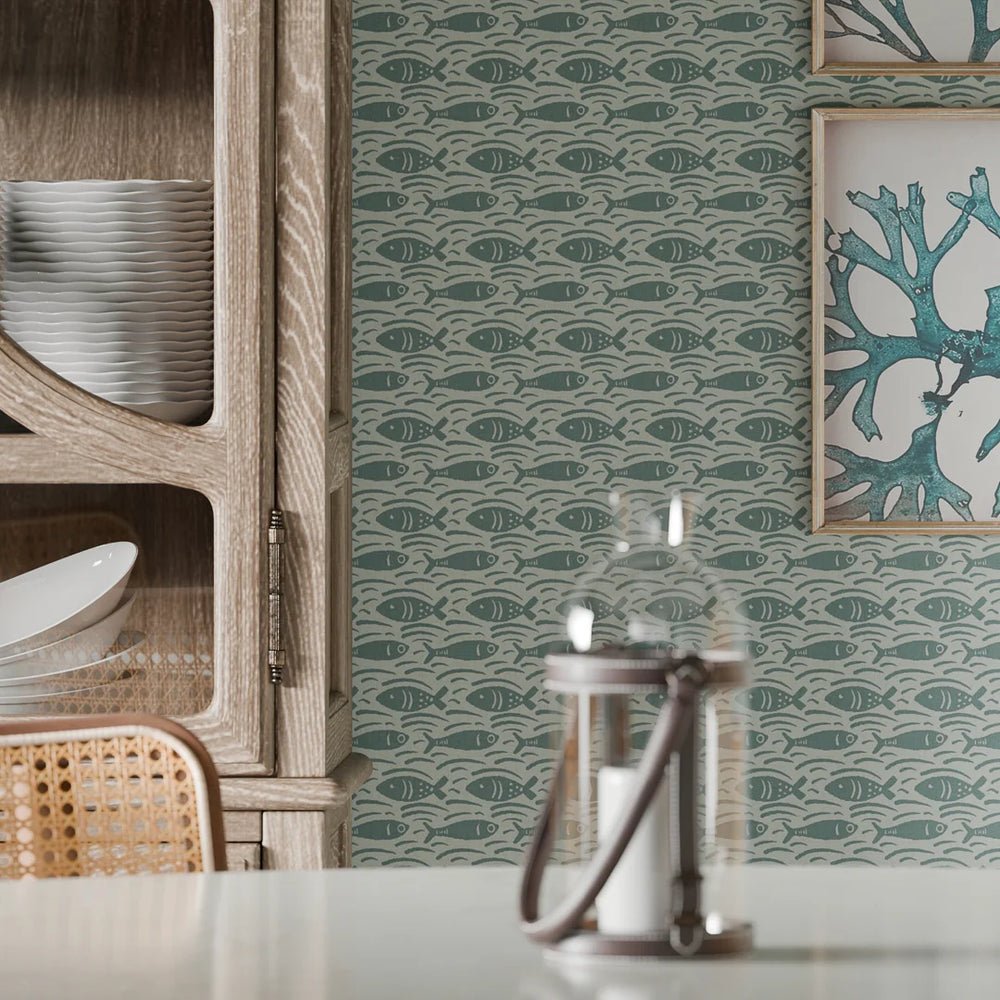 Catch of the Day Wallpaper - Teal on Duck Egg - LAN100295 - Lucie Annabel - Premier Wallcovering