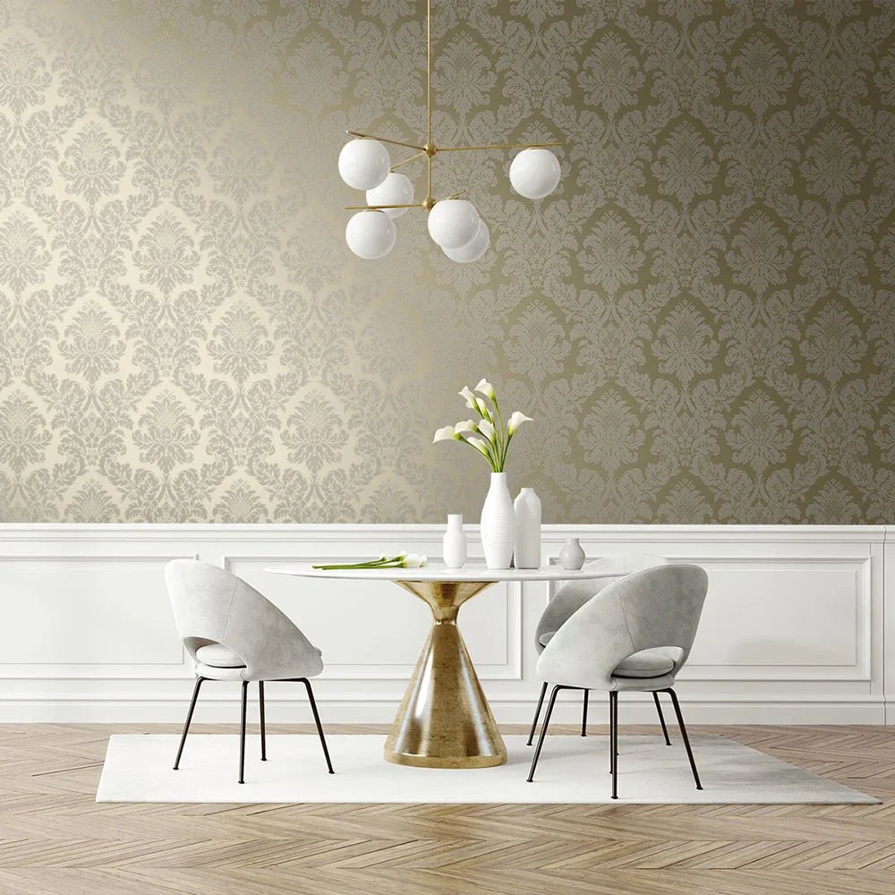 Charnay Damask Wallpaper - Metallic Champagne & Glitter - NextWall - NW56305 - Premier Wallcovering