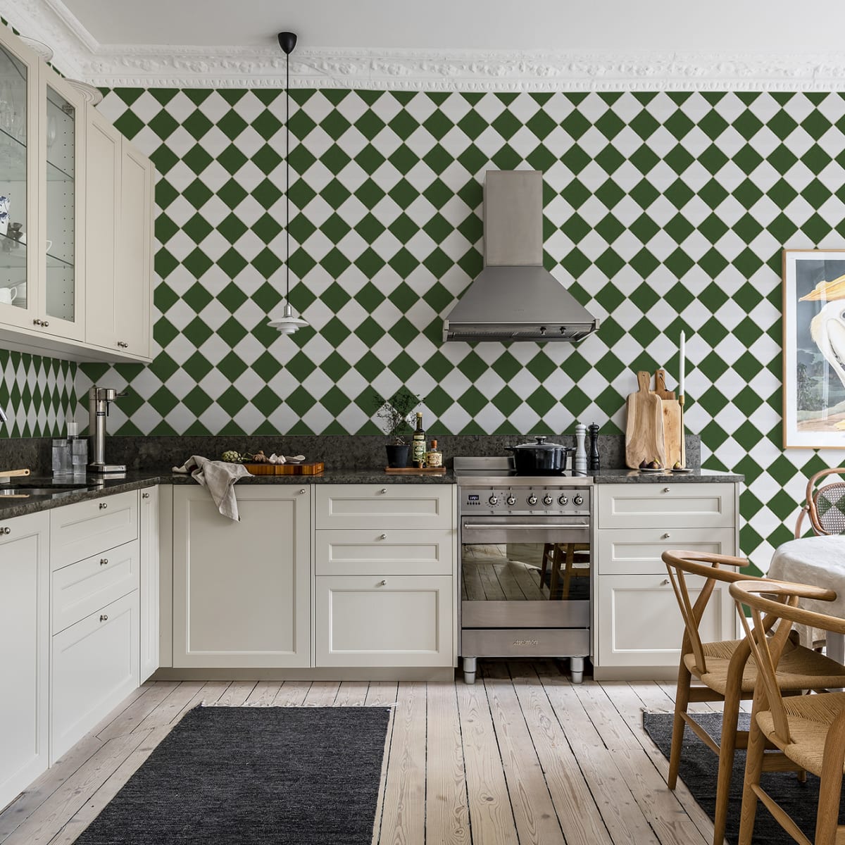 Checkered Tiles Wallpaper - White & Green - Rebel Walls - R18552 - Premier Wallcovering