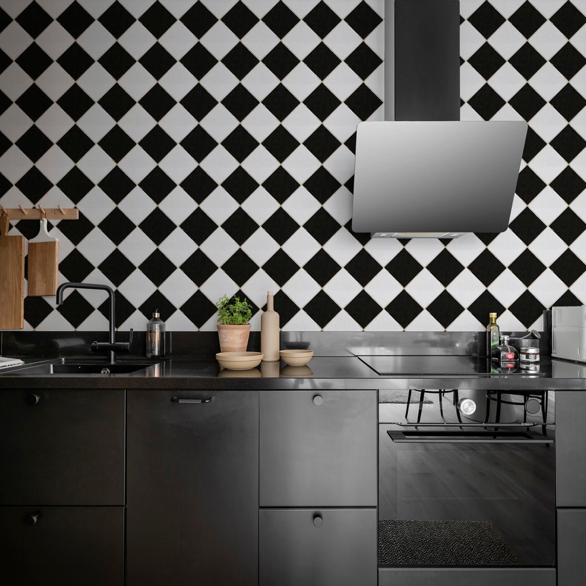 Checkered Tiles Wallpaper - Black & White - Rebel Walls - R18551 - Premier Wallcovering