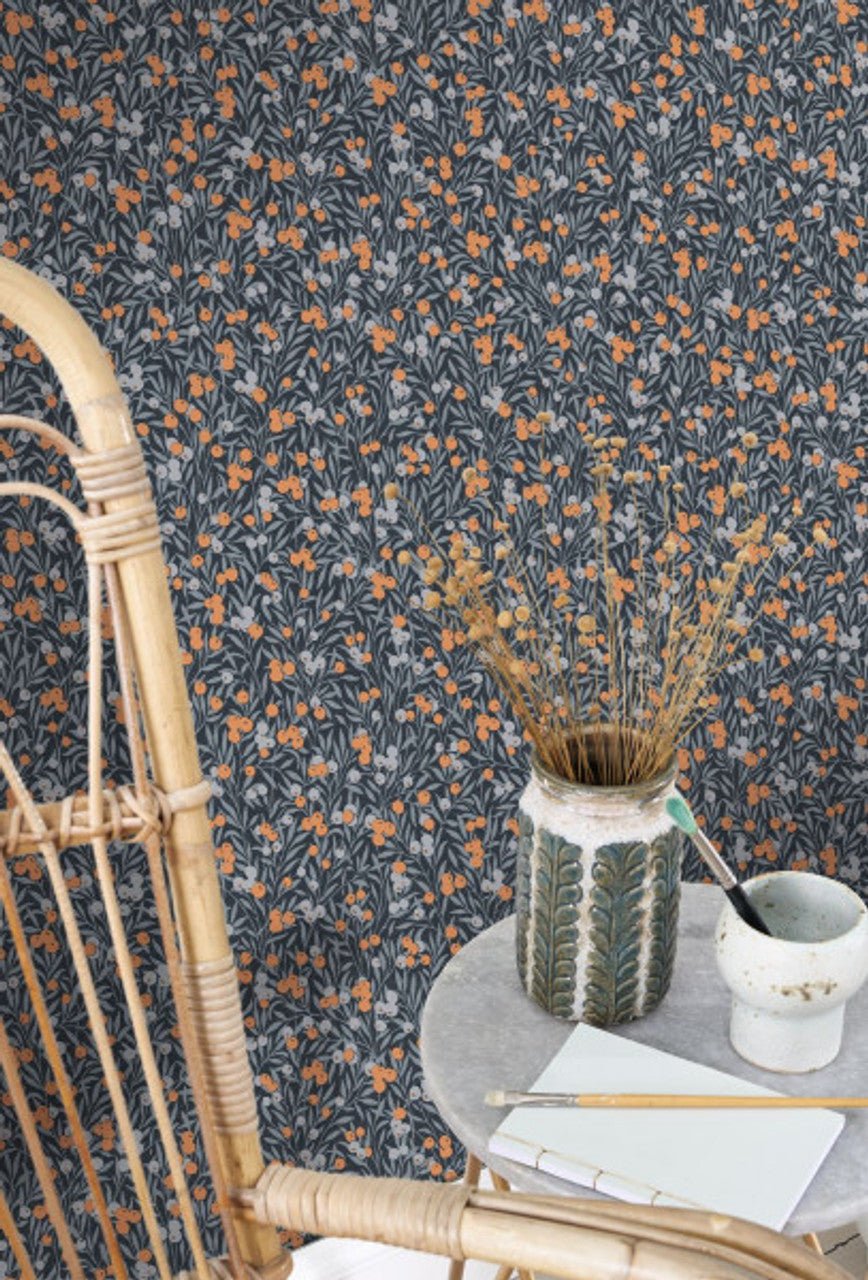 Cherry Flower Market Wallpaper - Bleu Nuit / Orange - Casadeco - 89226515 - Premier Wallcovering