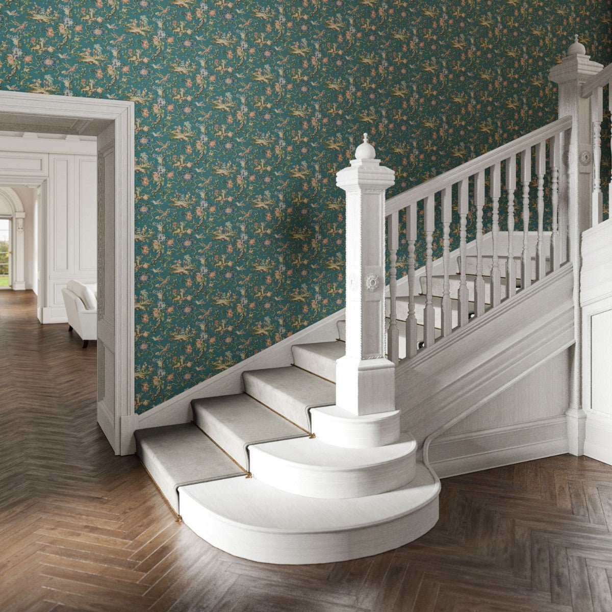 Chinese Garden Wallpaper - Teal - Warner House - Premier Wallcovering