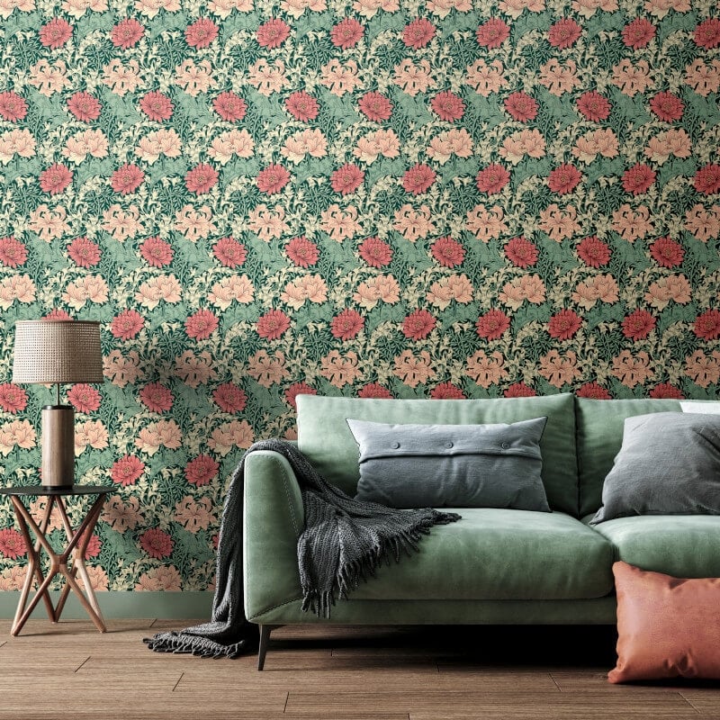 Chrysanthemum Wallpaper - Green/Pink - Hoopla Walls - HWA1123W - Premier Wallcovering