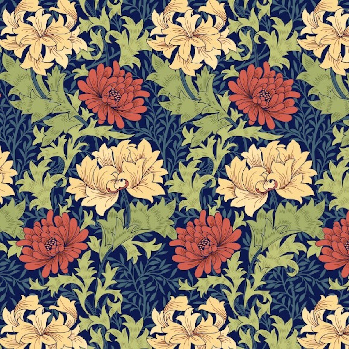 Morris Collections - 1066 - 2 - Chrysanthemum Wallpaper - Red - Blue - Premier Wallcovering