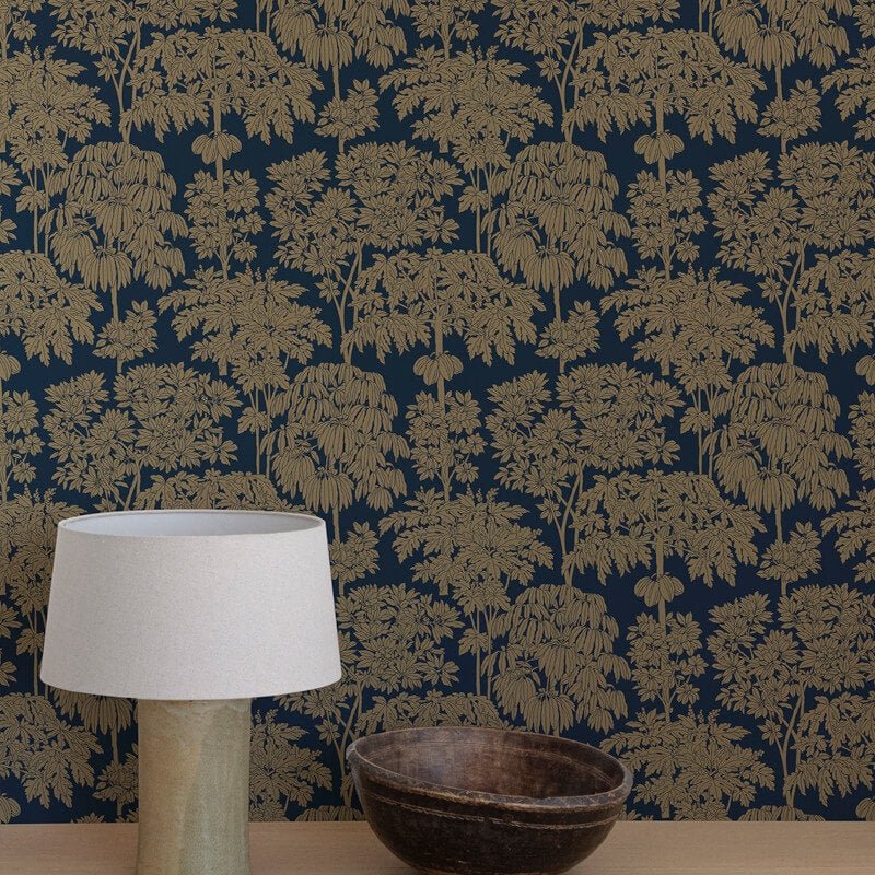 Ciara Tonal Trees Wallpaper - Blue/Gold - Grandeco - A63404 - Premier Wallcovering