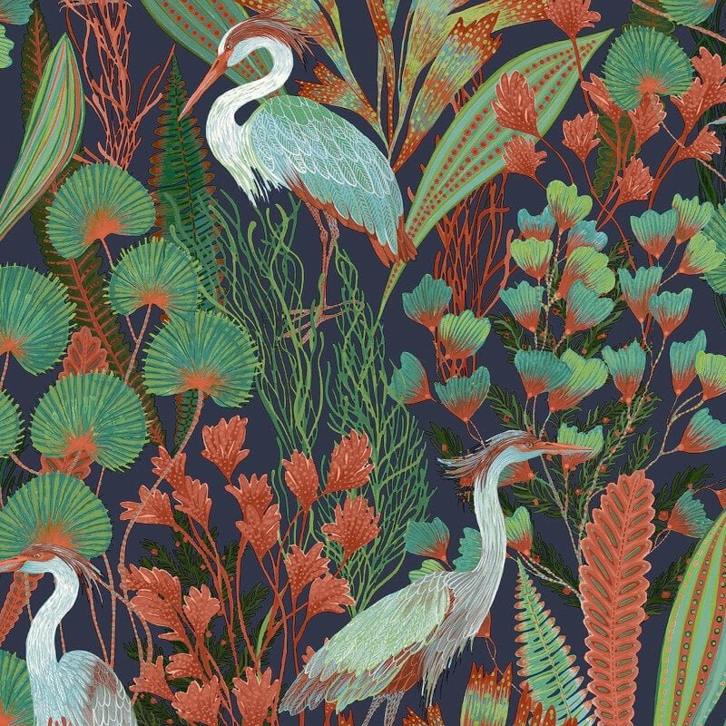 Ciara Tropical Cranes Wallpaper - Blue Multi - Grandeco - A63202 - Premier Wallcovering