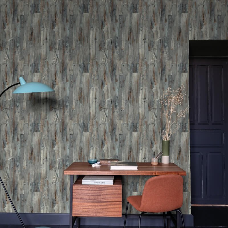 Ciara Wooden Wall Wallpaper - Grey/Blue - Grandeco - A62803 - Premier Wallcovering