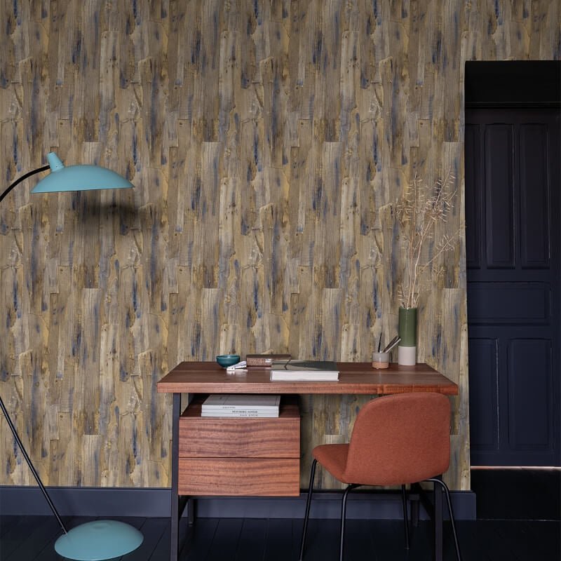 Ciara Wooden Wall Wallpaper - Natural/Blue - Grandeco - A62802 - Premier Wallcovering