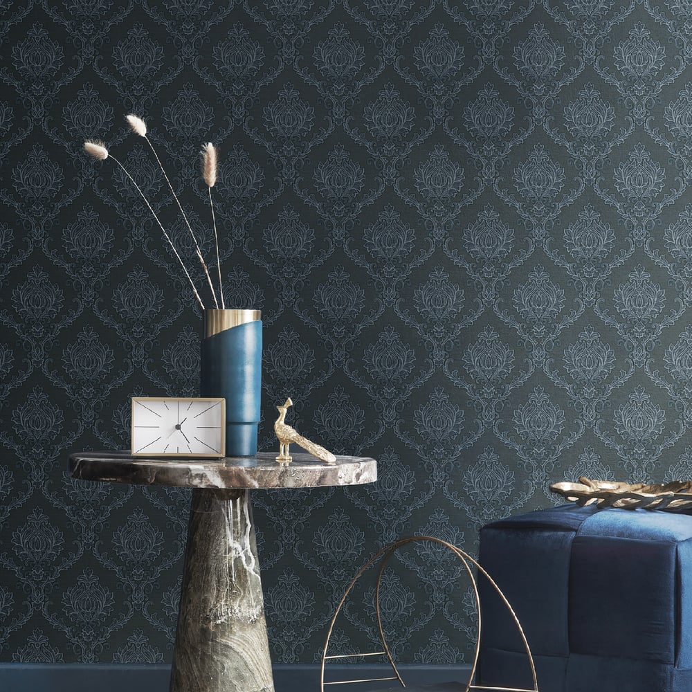 Classic Italian Delicate Damask Wallpaper - Deep Blue - Galerie - 23649 - Premier Wallcovering