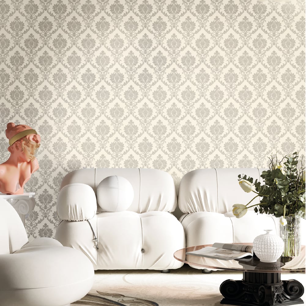 Classic Italian Delicate Damask Wallpaper - Silver/Ivory - Galerie - 23641 - Premier Wallcovering