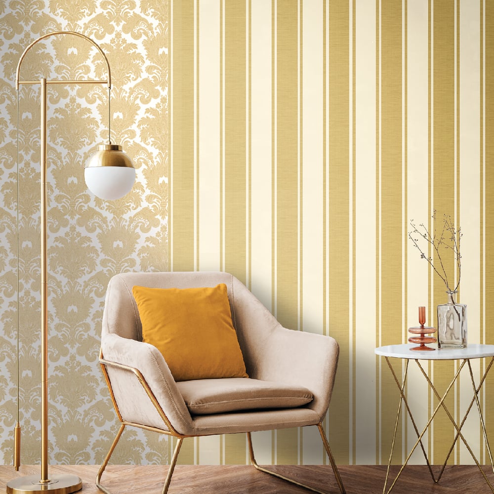 Classic Italian Elegant Stripe Wallpaper - Gold/Ivory - Galerie - 23672 - Premier Wallcovering
