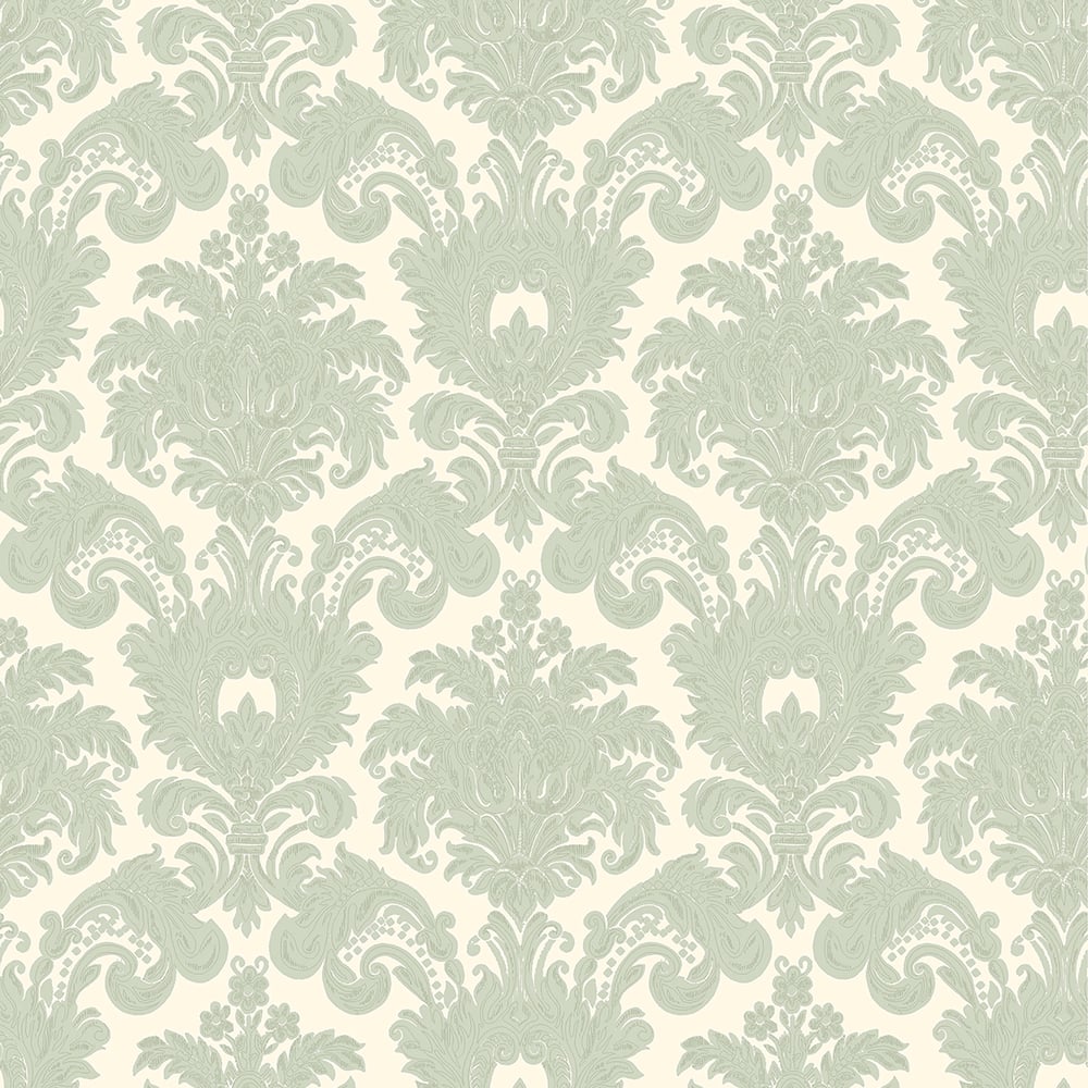 Classic Italian Scrolling Damask Wallpaper - Mint Green/Ivory - Galerie - 23615 - Premier Wallcovering