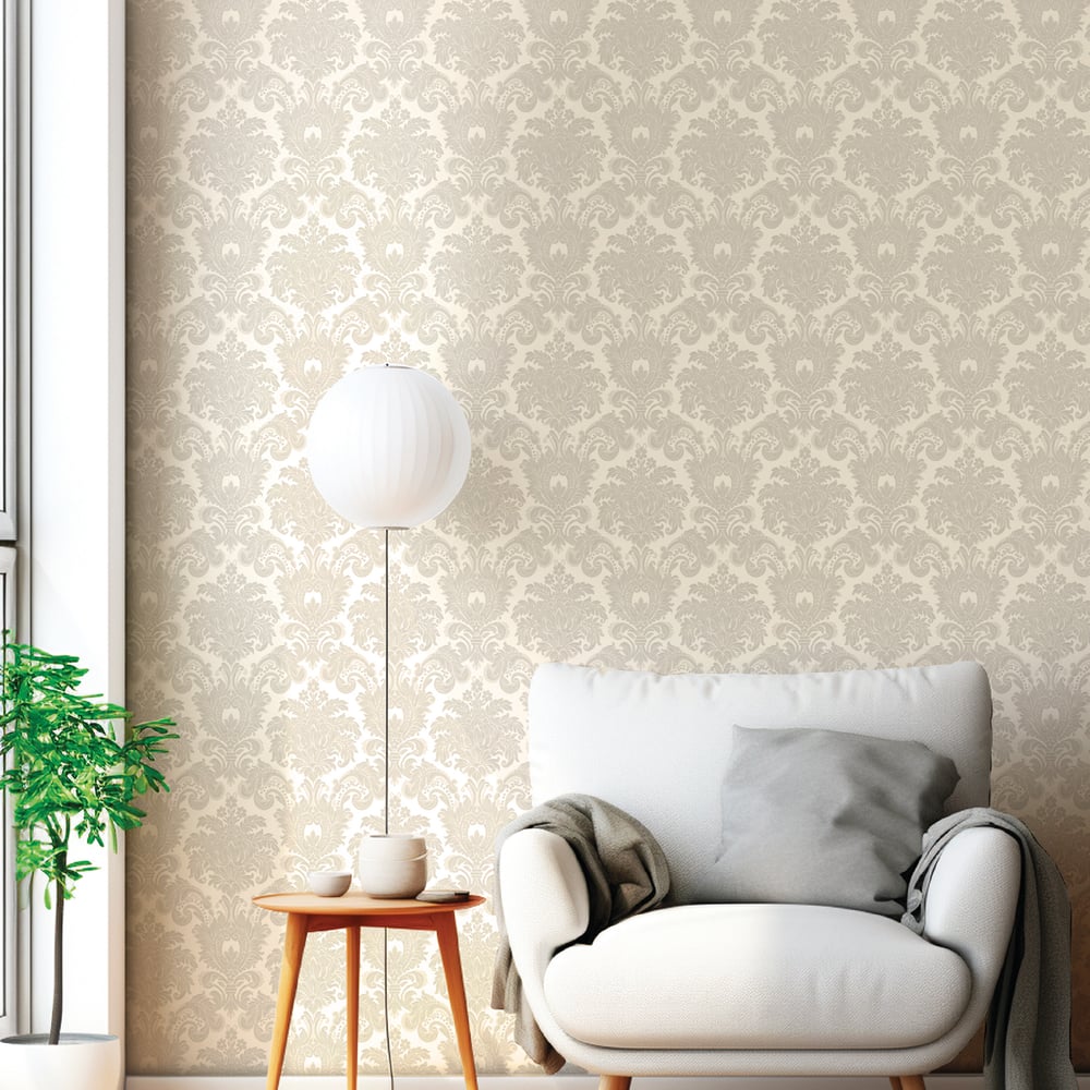 Classic Italian Scrolling Damask Wallpaper - Beige/Cream - Galerie - 23613 - Premier Wallcovering