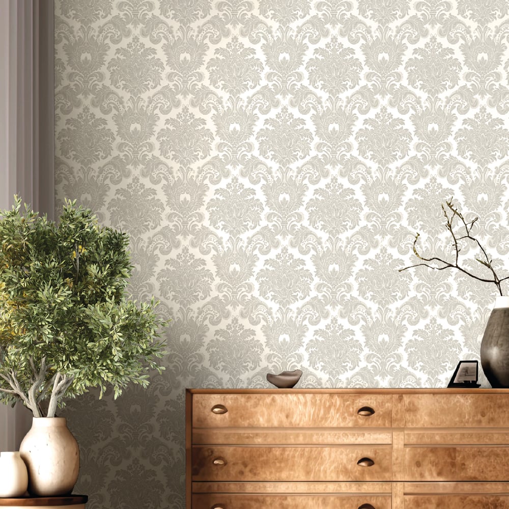 Classic Italian Scrolling Damask Wallpaper - Silver/Ivory - Galerie - 23611 - Premier Wallcovering