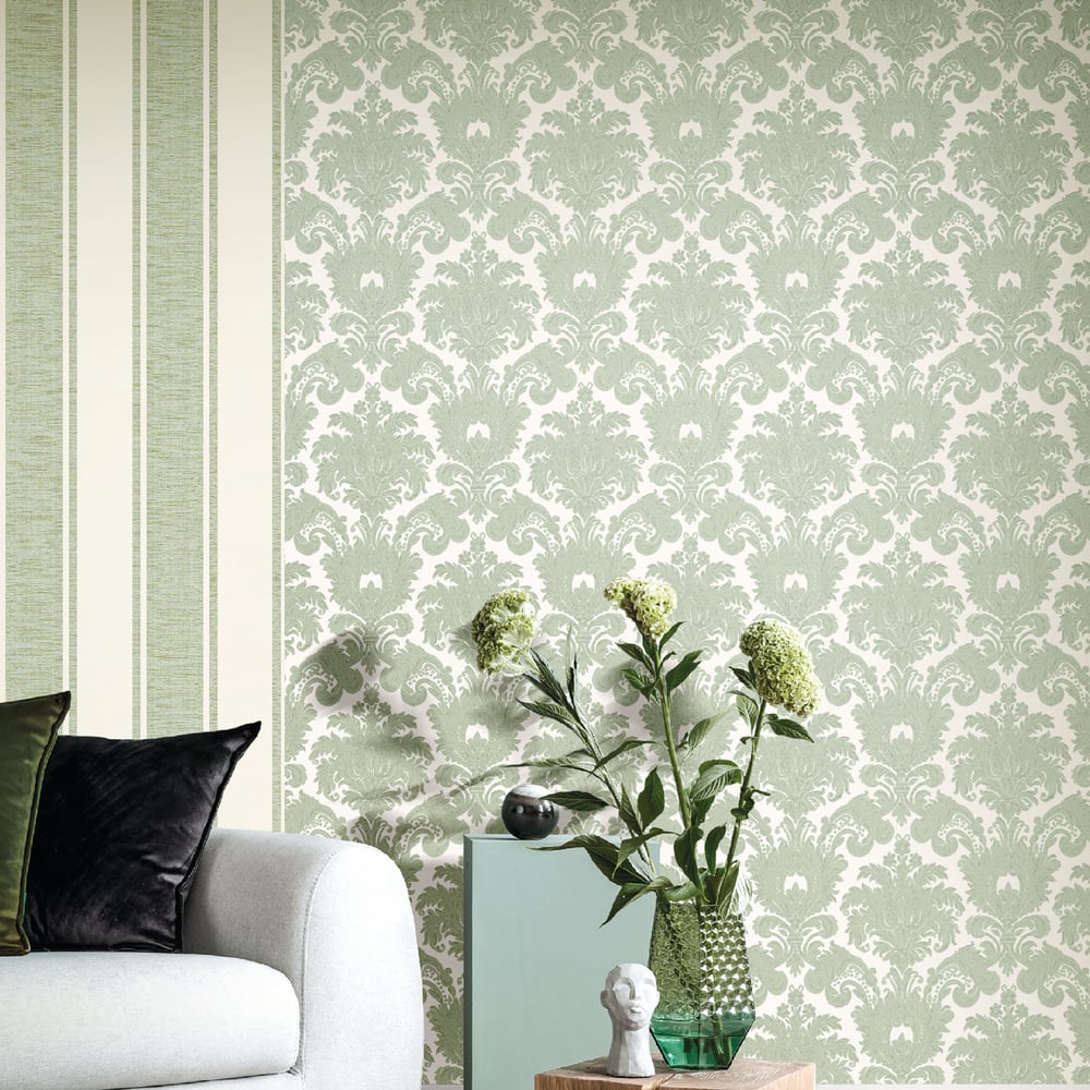 Classic Italian Scrolling Damask Wallpaper - Mint Green/Ivory - Galerie - 23615 - Premier Wallcovering