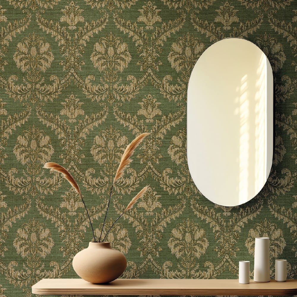 Classic Italian Traditional Damask Wallpaper - Green/Beige - Galerie - 23607 - Premier Wallcovering