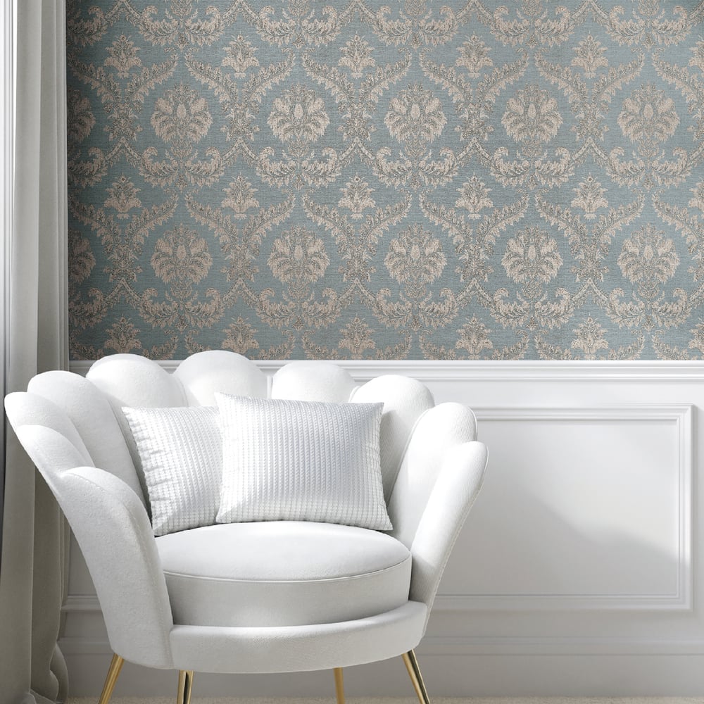 Classic Italian Traditional Damask Wallpaper - Blue/Beige - Galerie - 23606 - Premier Wallcovering
