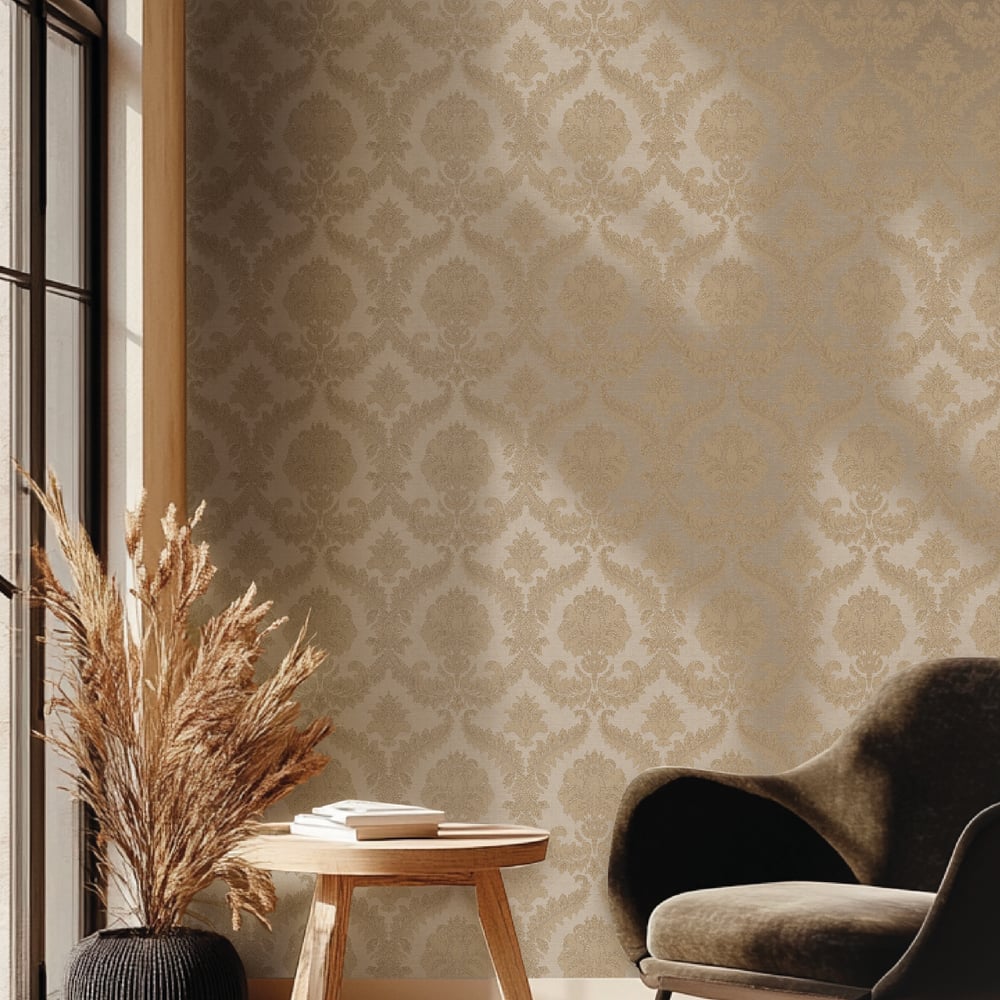 Classic Italian Traditional Damask Wallpaper - Sand - Galerie - 25728 - Premier Wallcovering