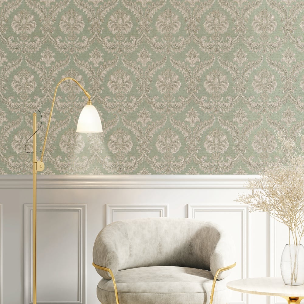 Classic Italian Traditional Damask Wallpaper - Powder Blue/Beige - Galerie - 23605 - Premier Wallcovering