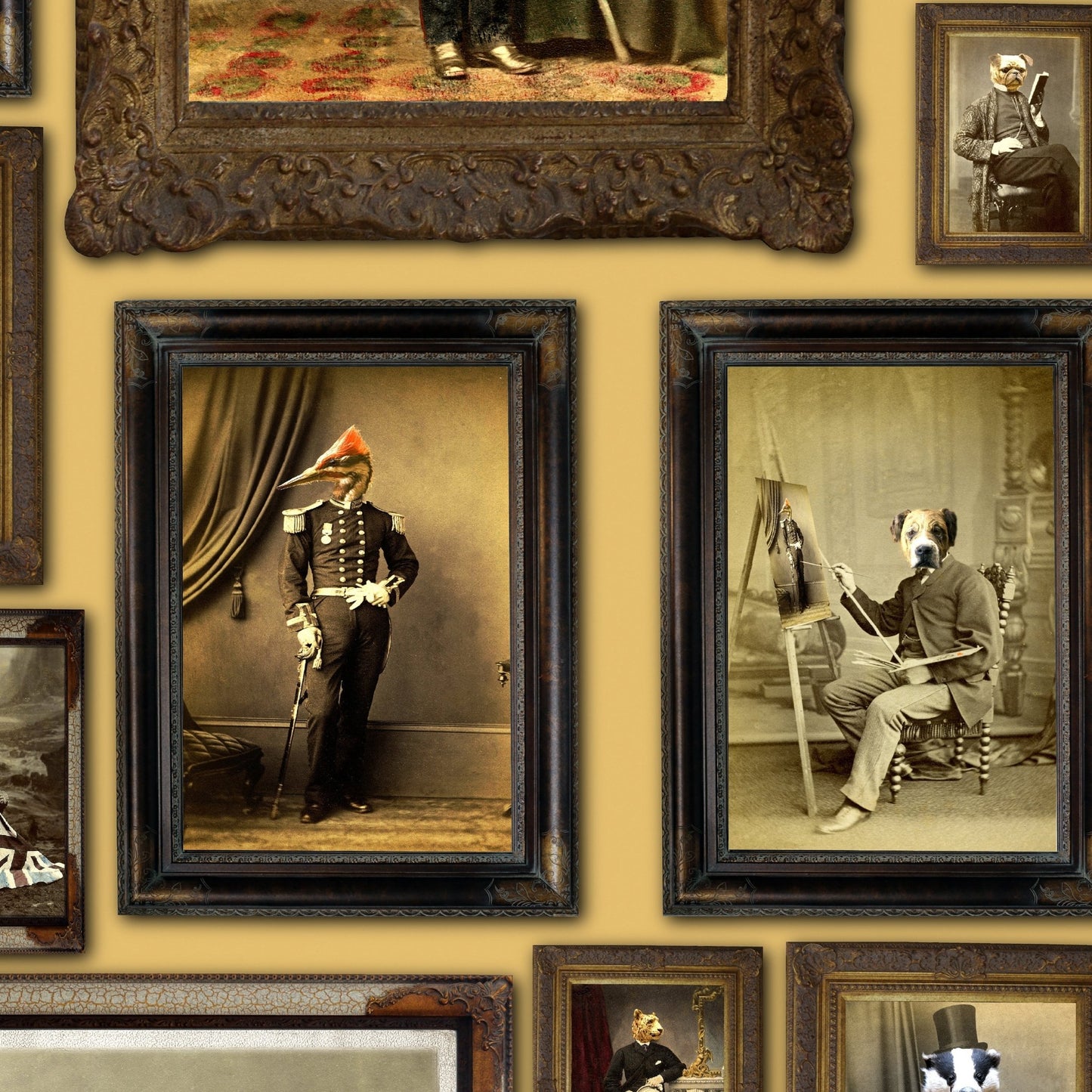 Colonel Fox (and friends) at the Gentleman's Club Wallpaper - Mustard - The Graduate Collection - CC1GENTLEMENMUSTARD - Premier Wallcovering