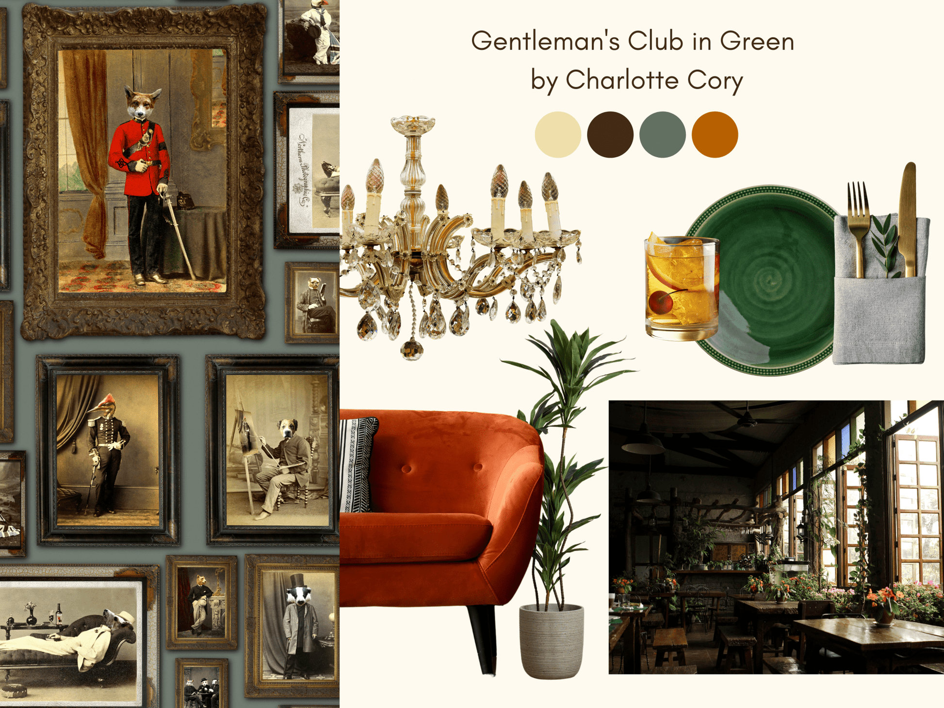 Colonel Fox (and friends) at the Gentleman's Club Wallpaper - Green - The Graduate Collection - CC1GENTLEMENGREEN - Premier Wallcovering