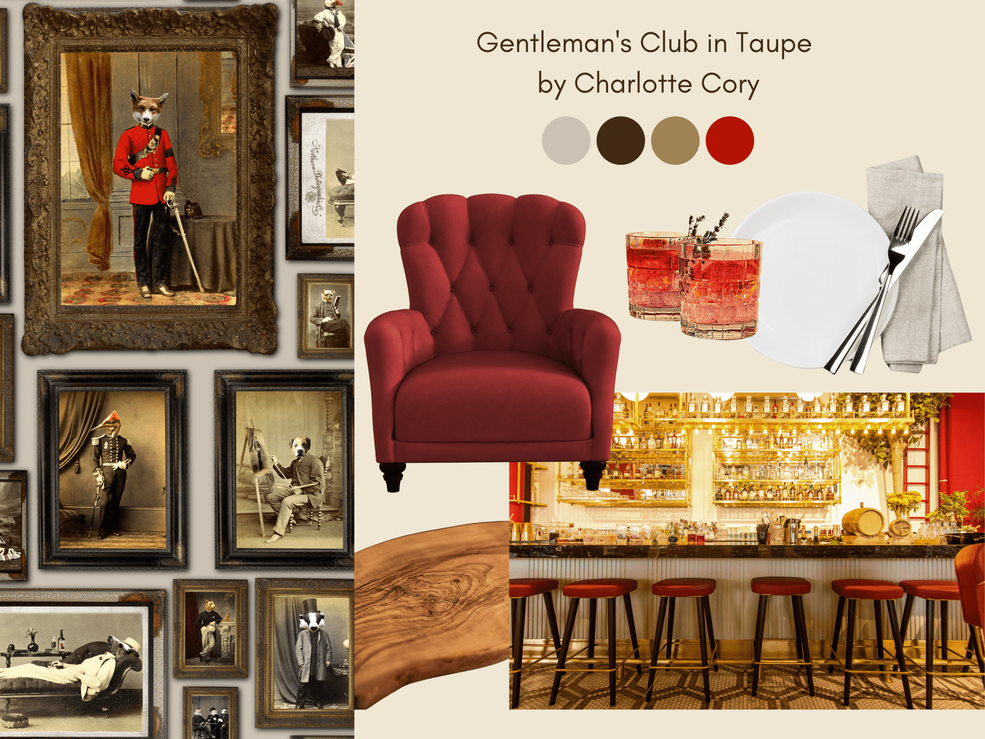 Colonel Fox (and friends) at the Gentleman's Club Wallpaper - Taupe - The Graduate Collection - CC1GENTLEMENTAUPE - Premier Wallcovering