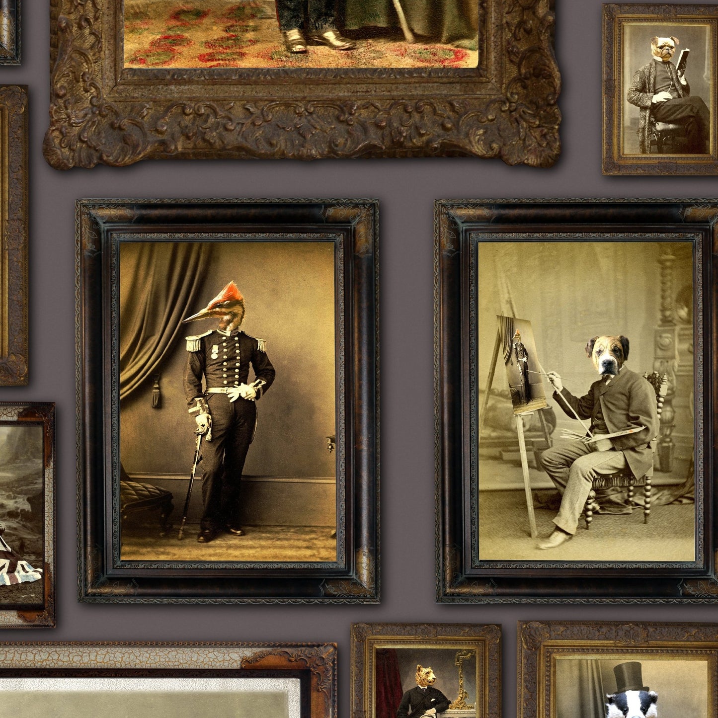 Colonel Fox (and friends) at the Gentleman's Club Wallpaper - Mauve - The Graduate Collection - CC1GENTLEMENMAUVE - Premier Wallcovering
