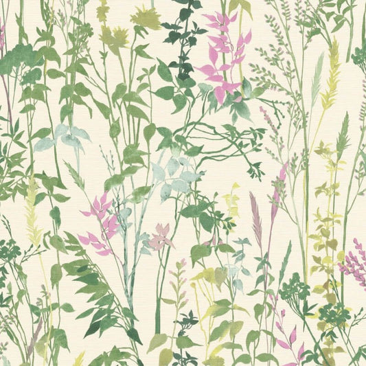 Cottage Leaf Meadow Wallpaper - Green/Pink - Erismann - 10258 - 05 - Premier Wallcovering