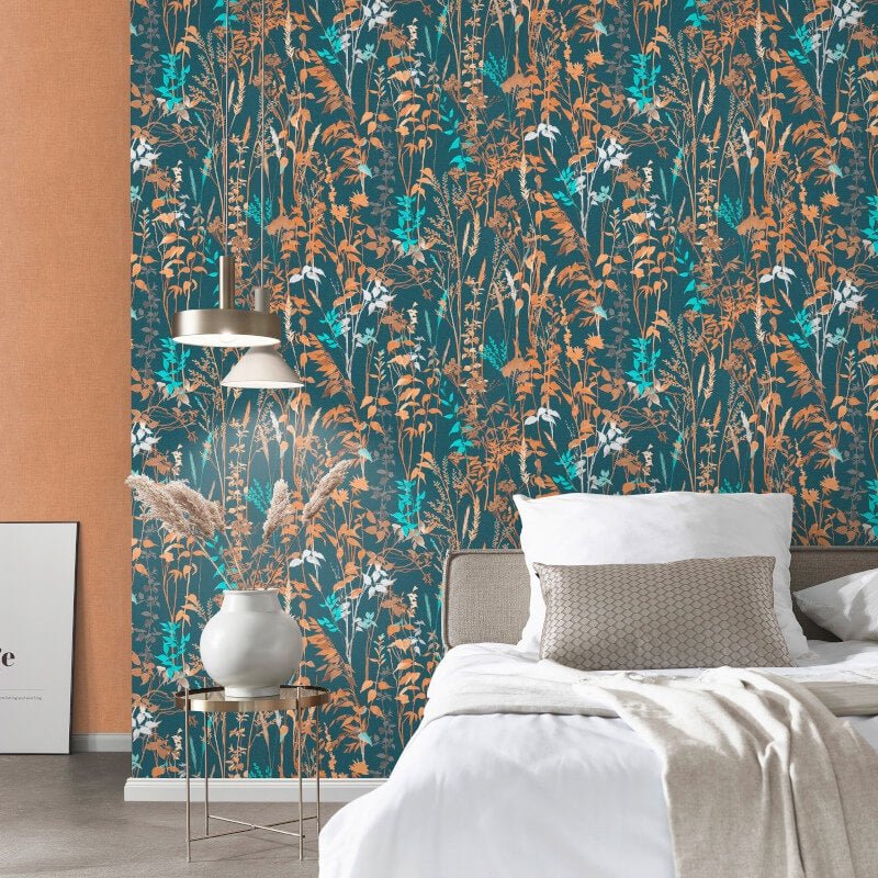 Cottage Leaf Meadow Wallpaper - Blue/Orange - Erismann - 10258 - 08 - Premier Wallcovering