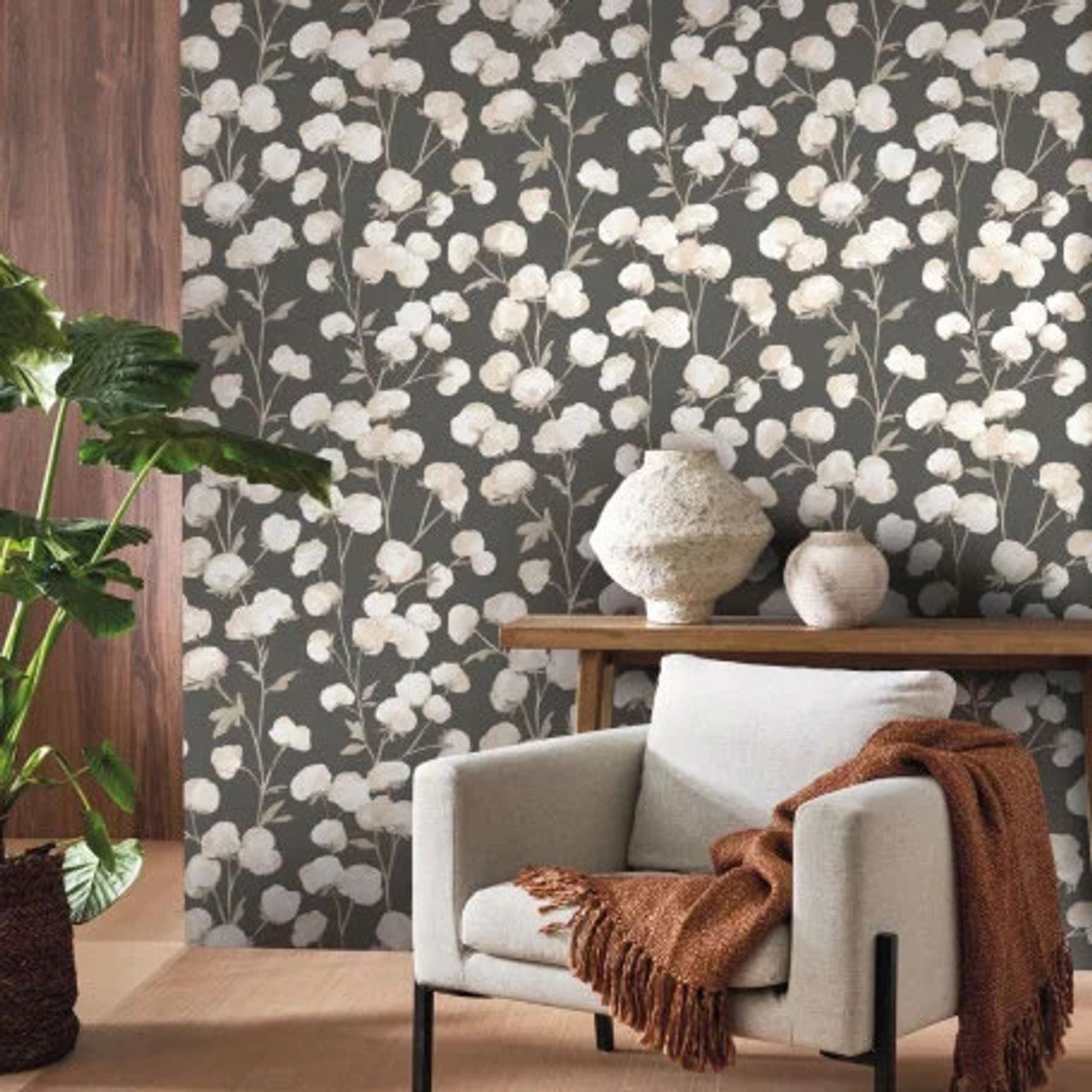 Cotton Flower Soliflore Wallpaper - Ardoise - Casadeco - 200299515 - Premier Wallcovering