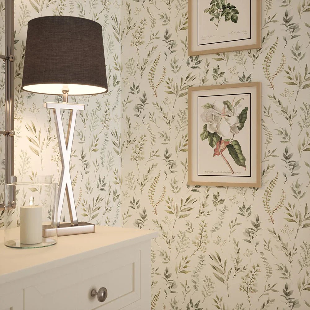 Countryside Trail Wallpaper - Rustic Greens on Ivory Linen - LAN100045 - Lucie Annabel - Premier Wallcovering