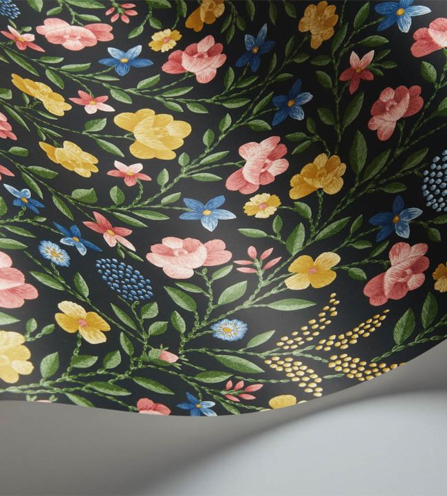 Court Embroidery Wallpaper - Yellow, Rose & Hyacinth Blue on Charcoal - 118/13030 - Cole & Son - Premier Wallcovering