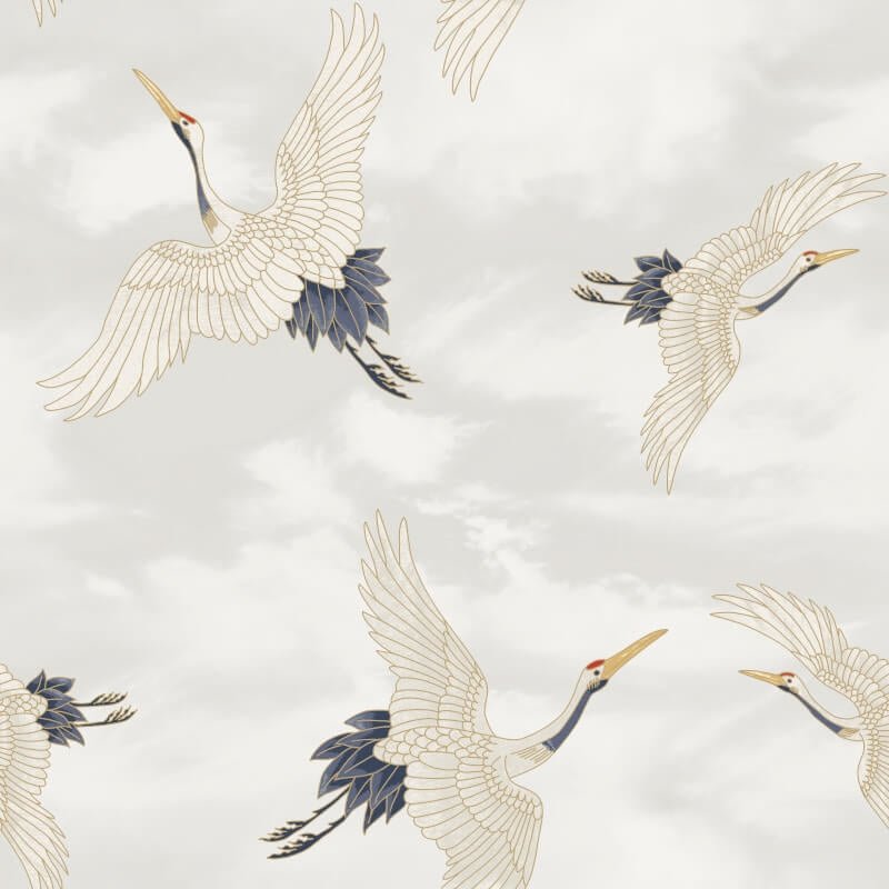 Cranes Metallic Wallpaper - White - Catherine Lansfield - 206511 - Premier Wallcovering