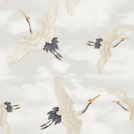 Cranes Metallic Wallpaper - White - Catherine Lansfield - 206511 - Premier Wallcovering