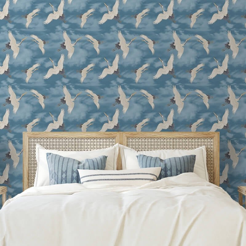 Cranes Metallic Wallpaper - Blue - Catherine Lansfield - 206513 - Premier Wallcovering