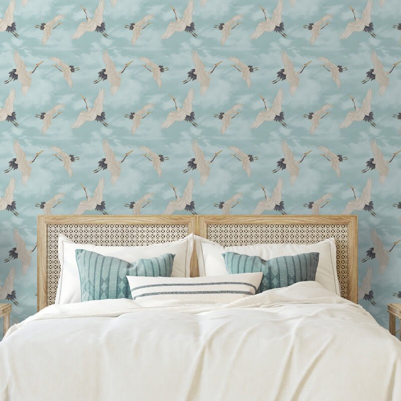 Cranes Metallic Wallpaper - Duck Egg - Catherine Lansfield - 206512 - Premier Wallcovering