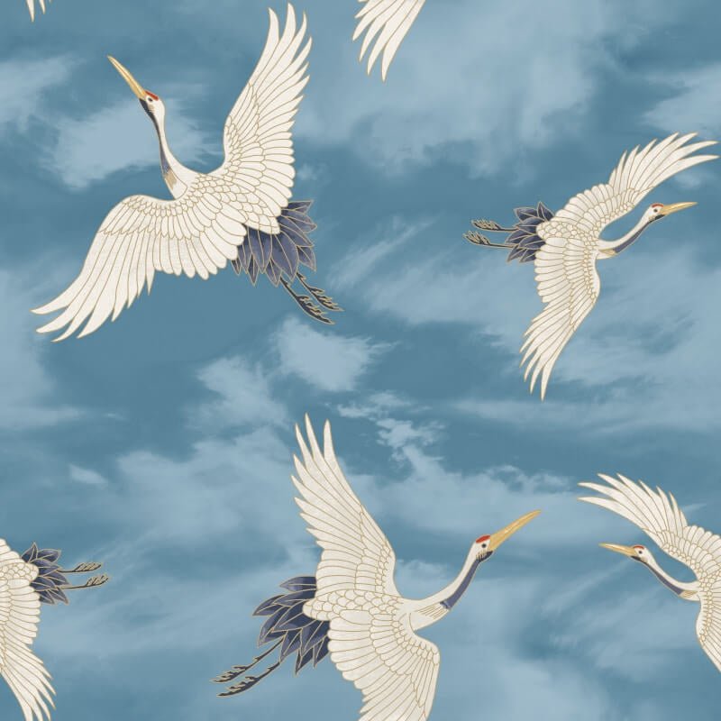 Cranes Metallic Wallpaper - Blue - Catherine Lansfield - 206513 - Premier Wallcovering