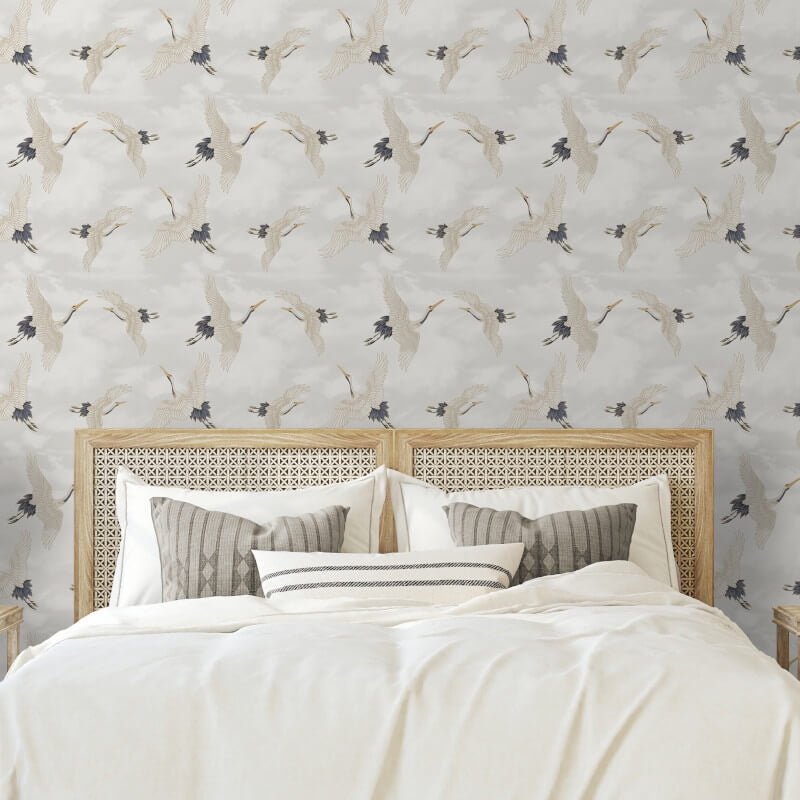 Cranes Metallic Wallpaper - White - Catherine Lansfield - 206511 - Premier Wallcovering