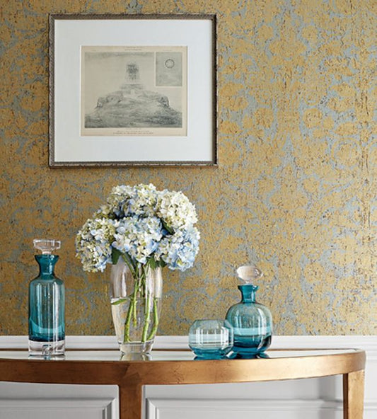 Curtis Damask Wallpaper - Metallic Gold on Aqua - Thibaut - T89115 - Premier Wallcovering