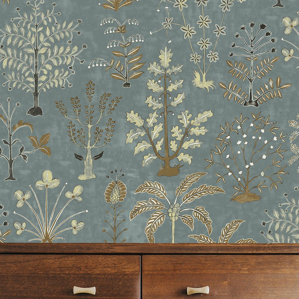 Cynthia Wallpaper - Mid Blue and Olive - Josephine Munsey - JMW-102321 - Premier Wallcovering