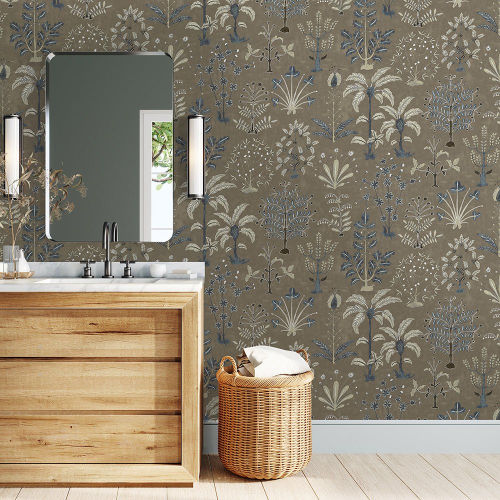 Cynthia Wallpaper - Mushroom and Blue - Josephine Munsey - JMW-102311 - Premier Wallcovering