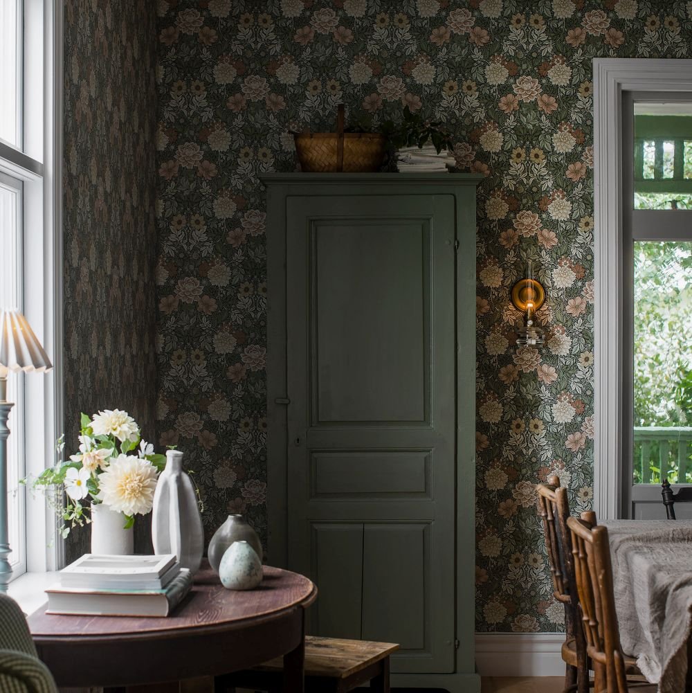 Dahlia Garden Wallpaper - Blush / Green - Boråstapeter - 7666 - Premier Wallcovering