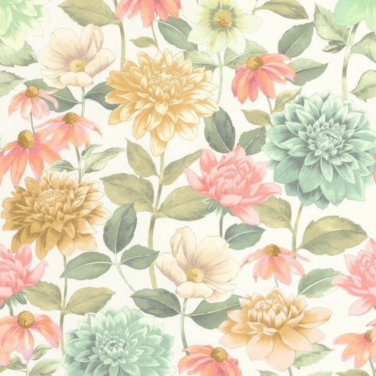 Dahlia Gardens Wallpaper - Bouquet Fond Blanc - Casadeco - 87660528 - Premier Wallcovering