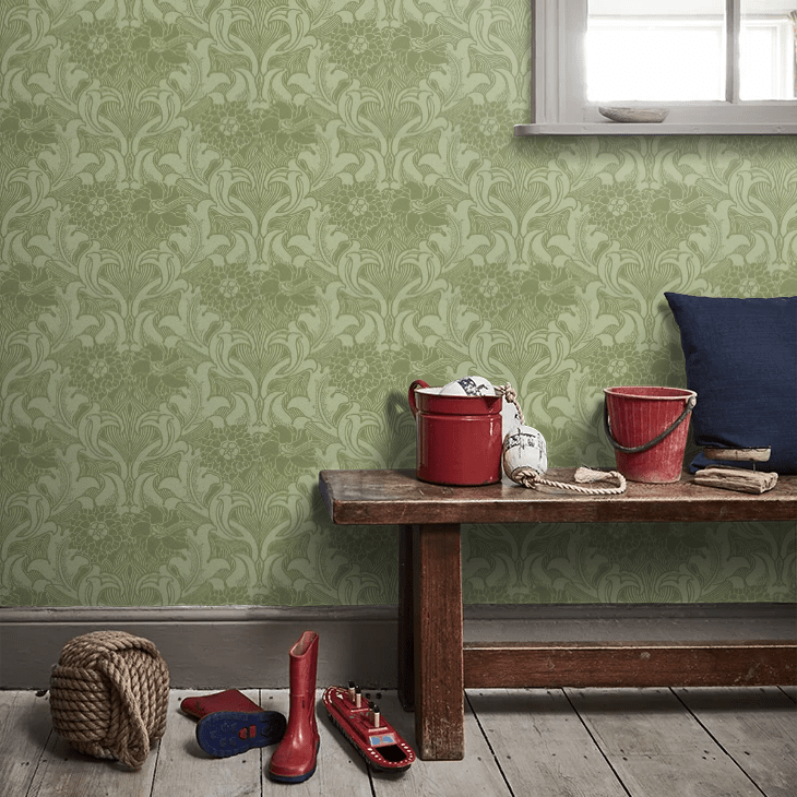 Dahlia Scroll Wallpaper - Pea Green - Little Greene - 0263DAPEAGR - Premier Wallcovering
