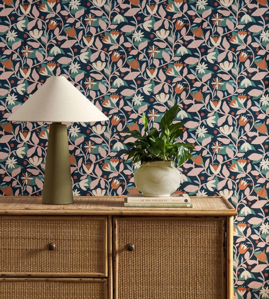 Dancing Daisies Wallpaper - Midnight - Scion - NSCW113282 - Premier Wallcovering