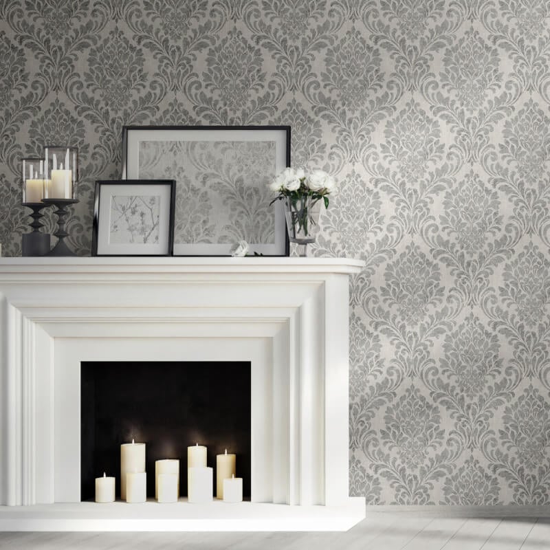 Darcy James Eleanor Damask Metallic Wallpaper - Grey/Silver - Muriva - 173511 - Premier Wallcovering