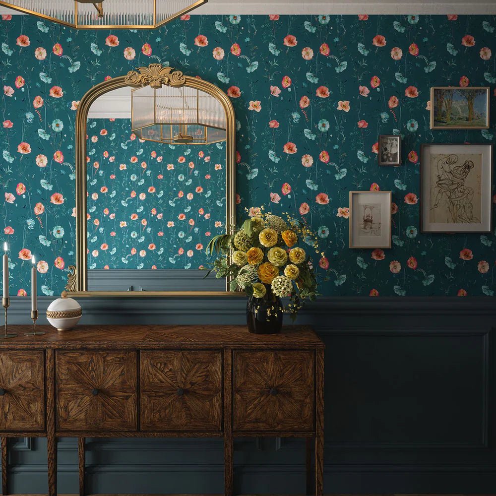 Delicate Stems Wallpaper - Shades of Coral on Teal - LAN100070 - Lucie Annabel - Premier Wallcovering
