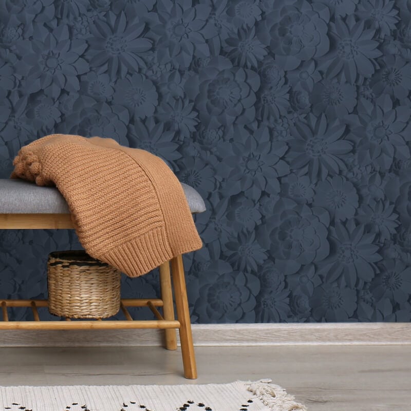 Dimensions 3D Effect Floral Wallpaper - Blue - Fine Décor - FD42690 - Premier Wallcovering